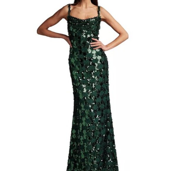 Sho by Tadashi Shoji Jungle Green Sequin & Fringe Gown - Picture 1 of 6